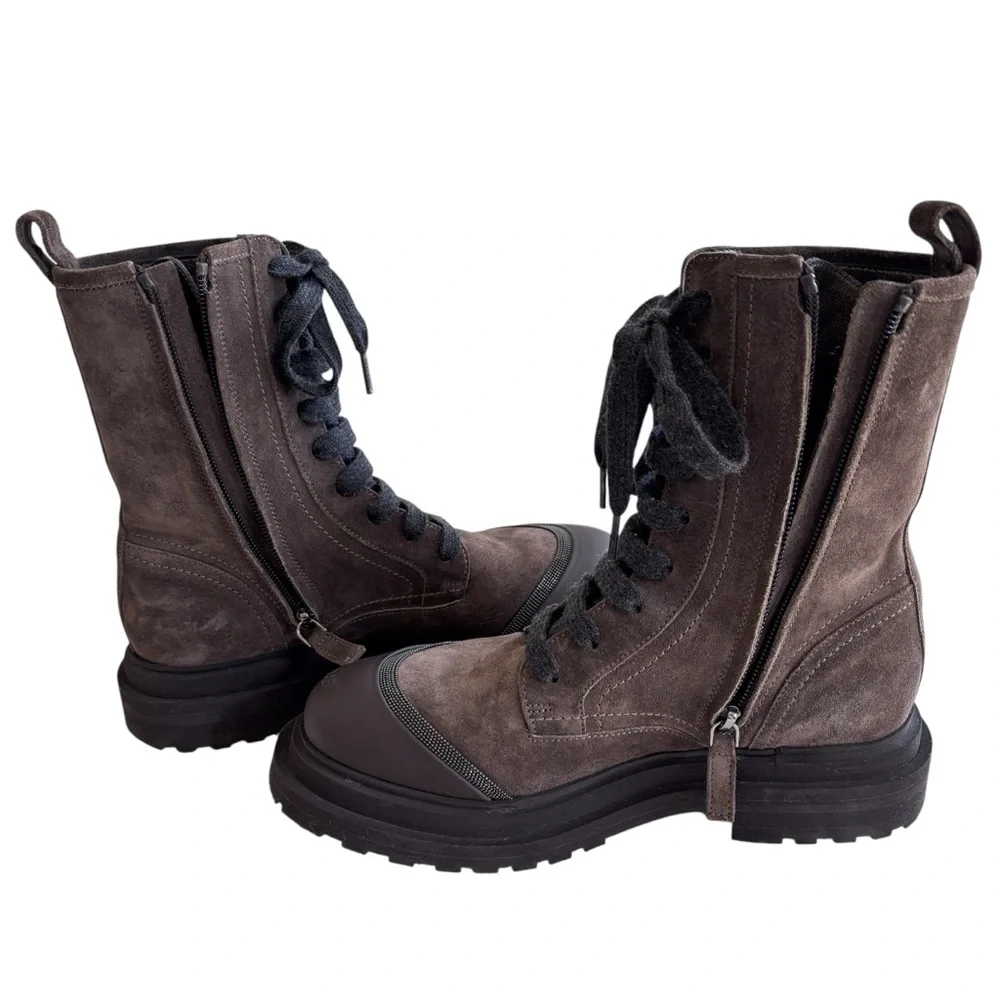BRUNELLO CUCINELLI Brown Suede Boots with Monil Chain Sz 37